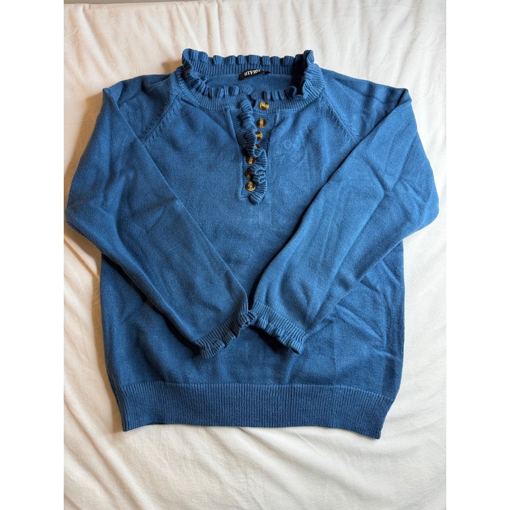 BTFBM Blue Ruffle Button Neck Long Sleeve Sweater Womens Size Medium